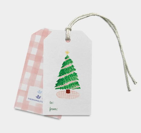 Pink Gingham Christmas Tree Holiday Gift Tags Set