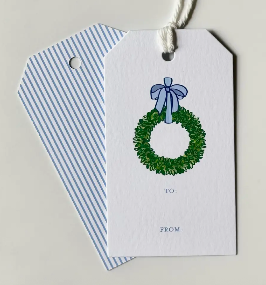Wreath with Blue Bow Christmas Gift Tags