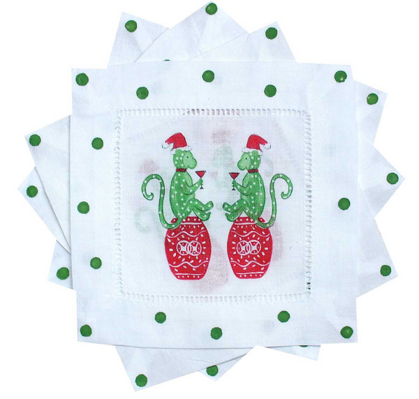 Chinoiserie Christmas Monkey Linen Cocktail Napkins